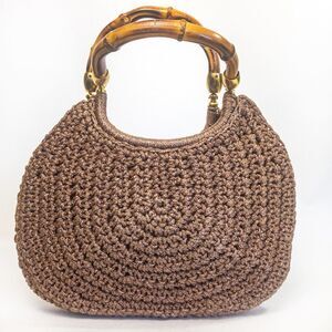 Vintage Brandeis Brown Macrame Clamshell Handbag Bamboo Handles
